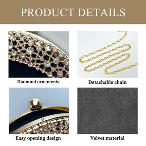 Detailed close-up of velvet evening bag with sparkling rhinestones and detachable chain