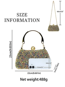 Elegant rhinestone pearl evening bag with gold handle and 22cm size information layout