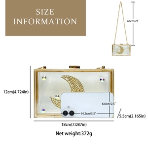Tabella taglie dettagliata della pochette in acrilico trasparente con strass