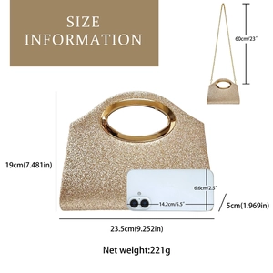 Detail view of gold sequin evening clutch with metal handle and detachable chain strap