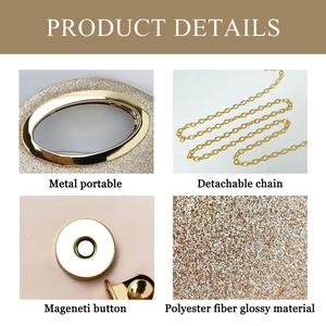 Detail of luxury evening clutch with gold sequins, metal handle, and magnetic closure