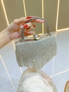 Luxury Rhinestone Tassel Evening Bag For Women Sparkly Crystal Clutch Handbag Round Metal Handle Chain Wedding Party Banquet
