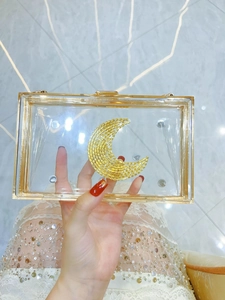 Borsa da Sera in Acrilico Trasparente da Donna Pochette con Luna di Strass e Tracolla in Metallo per Banchetti e Feste
