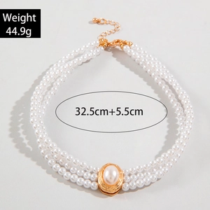 Three-layer faux pearl necklace with gold oval centerpiece and adjustable chain, 44.9g