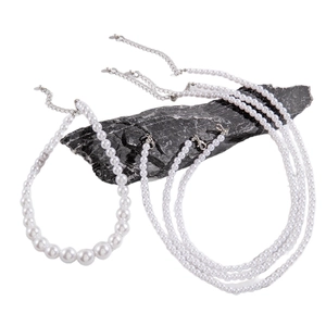 Fashion retro geometric beaded pearl necklace with multi-layer design and silver extension chain