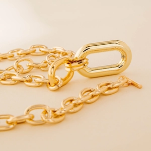 Macro detail of polished gold multilayer aluminum chain link necklace with oval clasp
