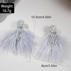 Elegant light blue feather tassel earrings with beaded design and size specifications