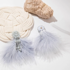 Detail of white bohemian feather tassel earrings with delicate beaded flower stud design