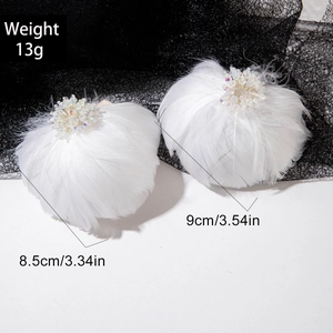 Elegant white feather earrings with colorful crystal beads and fringe details, 9cm long