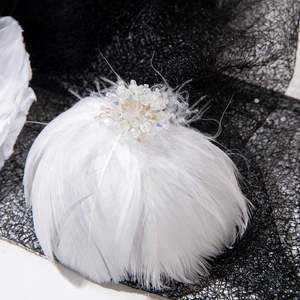 Close-up of soft white feather earrings with shimmering crystal bead core detail