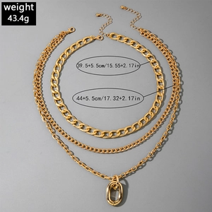 Detail showing gold multilayer chain necklace set with weight and size specifications