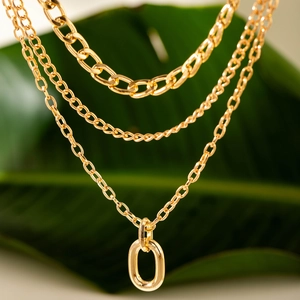 Close-up of gold layered aluminum chain necklace with oval pendant on green leaf background