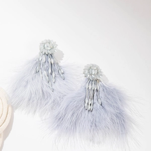 Bohemian light blue feather earrings with floral bead tassels on a clean white background