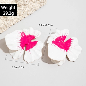 Exaggerated white flower petal earrings with pink accents, 6.6cm oversized statement studs