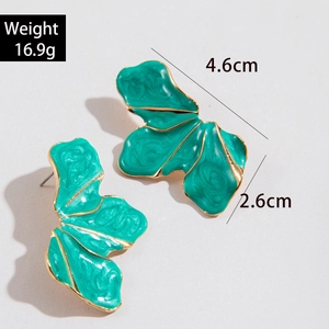 Detail showing green enamel earrings with gold edges and dimensions of 4.6cm by 2.6cm
