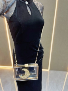 Dettaglio pochette trasparente in acrilico con luna di strass e catena dorata
