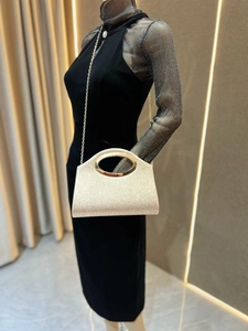 Detail of champagne gold sequin clutch bag with oval metal handle and chain strap
