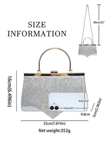 Sparkling silver rhinestone evening bag with dimensions 25x16x5cm and metal handle