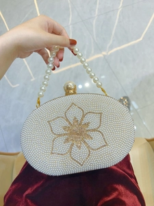 Luxury Artificial Pearl Inlaid Evening Clutch Bag Rhinestone Flower Pattern Detachable Chain Artificial Pearl Handle For Wedding Banquet Party Women Handbag