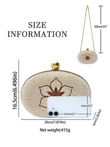 Elegant pearl clutch bag with flower pattern and size dimensions including chain length