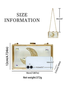 Elegante borsa da sera in acrilico con paillettes a luna dorata e catena rimovibile