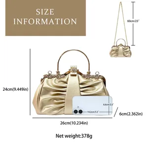Detailed size chart for luxury pleated evening clutch with rhinestone floral clasp