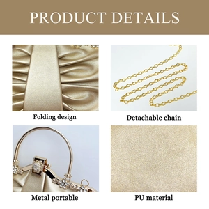 Detailed view of luxury gold pleated evening clutch bag with rhinestone flower clasp