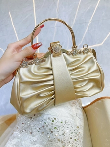 Luxury Women Pleated Evening Handbag Rhinestone Flower Clasp Metal Handle Clutch Bag For Wedding Party Banquet Elegant Purse