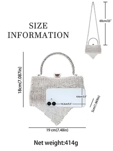 Silver rhinestone evening bag size chart with dimensions and mobile phone comparison