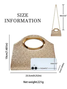 Size guide for gold glitter evening clutch bag with ring handle and metal chain