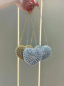 Sparkling heart-shaped crystal mini evening clutch bags with delicate metal chain straps