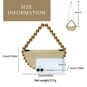 Size information for golden beaded semi-circle evening bag with precise dimensions