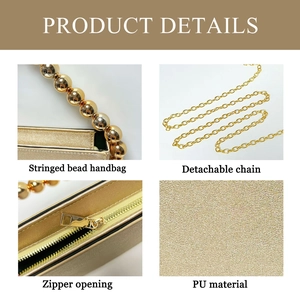 Detail view of gold beaded handle, metallic PU texture and detachable chain on evening bag