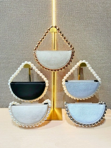 Elegant beaded handle half-moon evening bags in black gold silver white and blue colors