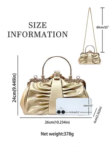 Luxury gold pleated evening clutch with crystal floral clasp and size dimensions info