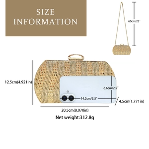 Infos de taille pour pochette dorée à strass avec dimensions 20,5x12,5x4,5cm et chaîne
