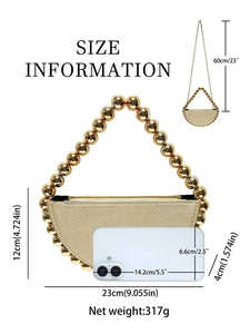 Golden semi-circular beaded evening bag with metal handle and size dimension markings