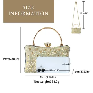 Detailed size chart for rhinestone evening clutch showing 19cm dimensions and phone fit