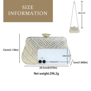 Dettagli dimensionali di una borsa da sera di lusso con trama di diamanti a forma di V