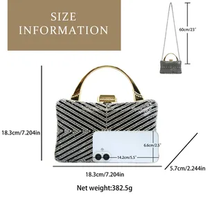 Size chart showing rhinestone evening bag dimensions with mobile phone scale