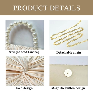 Detailed views of evening clutch with pearl handle, pleated fabric, and gold metal chain