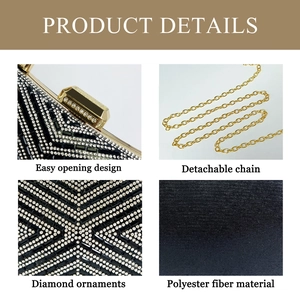 Close-up of geometric rhinestone patterns and gold metal clasp on black clutch bag
