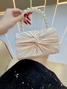 Evening Bag Satin Pleated Clutch With Faux Artificial Pearl Handle And Detachable Metal Chain For Party Wedding Women