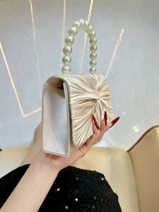 Elegant champagne pleated evening bag with luxury faux pearl handle for wedding parties