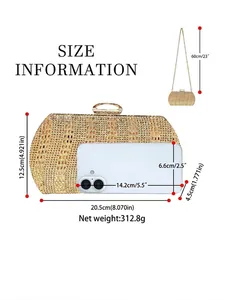 Pochette de soirée dorée élégante en strass avec guide des tailles et chaîne