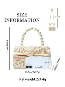 Pleated satin evening clutch bag with pearl handle and size details for formal parties