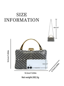 Size information for V-shaped rhinestone evening bag with top handle and metal chain