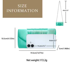 Size chart showing turquoise satin pleated evening bag dimensions and silver chain length