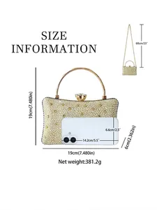 Sparkling rhinestone clutch size guide with 19cm width and height dimensions chart