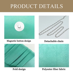 Detail of green satin evening clutch featuring magnetic buckle and silver metal chain